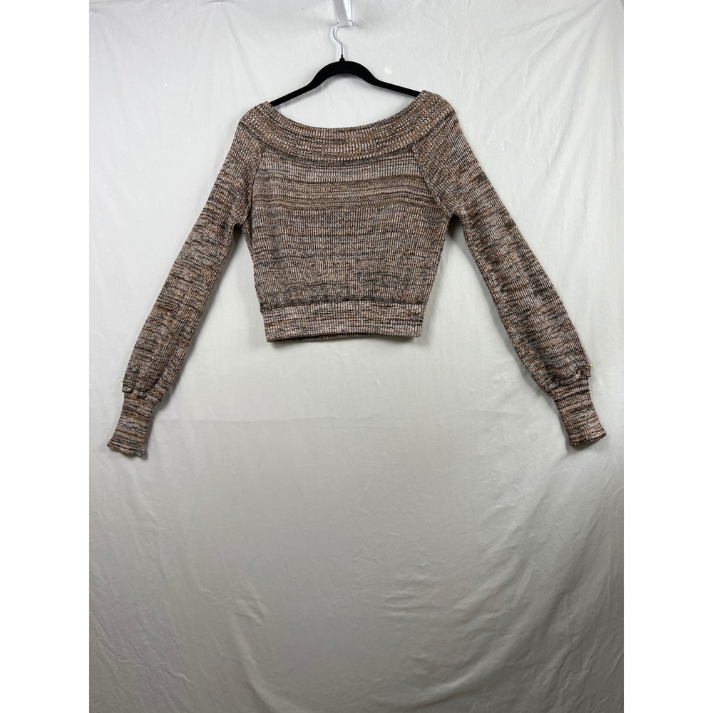 Free People Sweater Womens Medium Brown Space Dye Boat Neck Balloon Sleeve Crop